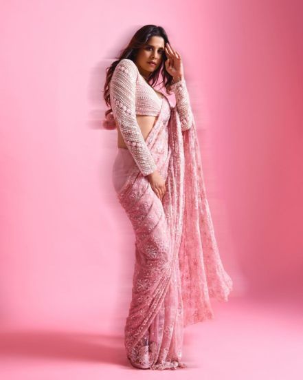 Sai Tamhankar Pink Designer Saree Look