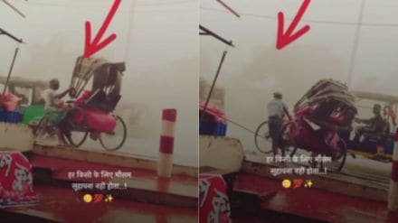 uncle saved his cycle rickshaw from flying in the stormy rain