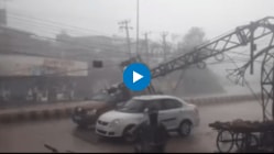 थरारक! भरपावसात चालत्या कारवर अचानक कोसळला विजेचा खांब, थोडक्यात बचावले प्रवासी, Video Viral