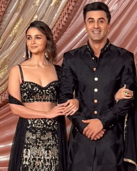 Alia Bhatt black designer lehenga in Anant Ambani Radhika Merchant sangeet