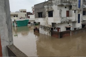 family stuck on roof