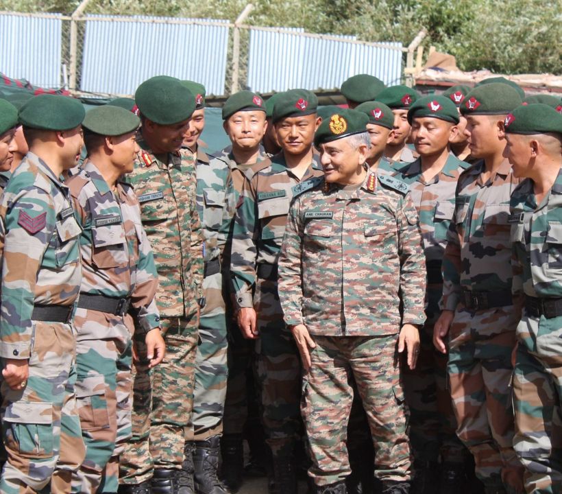 Chief of Defense Staff General Anil Chauhan interacts with troops during a visit to the Kargil Sector.