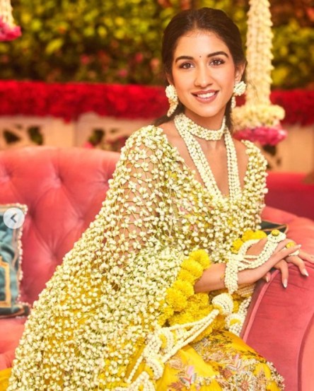 radhika merchant haldi ceremony floral jaal dupatta