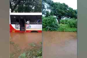 ST Bus Gets Stranded in Three Feet water, khalapur tehsil, old Mumbai pune highway, ST Bus Gets Stranded in Three Feet of Water on Old Mumbai Pune Route, Rescue Teams Save Passengers, Heavy Rainfall, Heavy Rainfall in raigad,