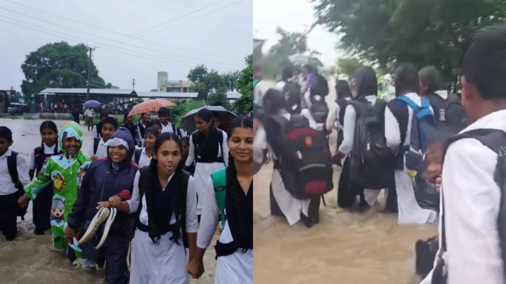 Students have to go to school with hand chains to make their way through the flood