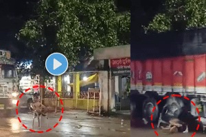 A man sitting on a road in front of the police station was hit by a truck