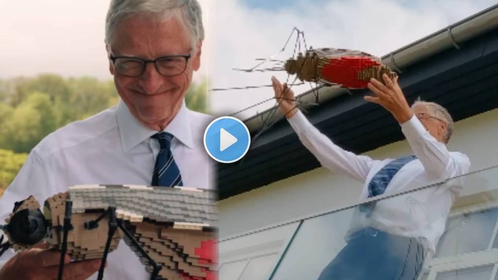 Bill Gates seen dropping a mosquito made of Lego from a tall building