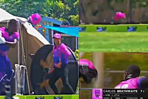 Video Angry Carlos Braithwaite Hits Helmet with Bat After Controversial Dismissal