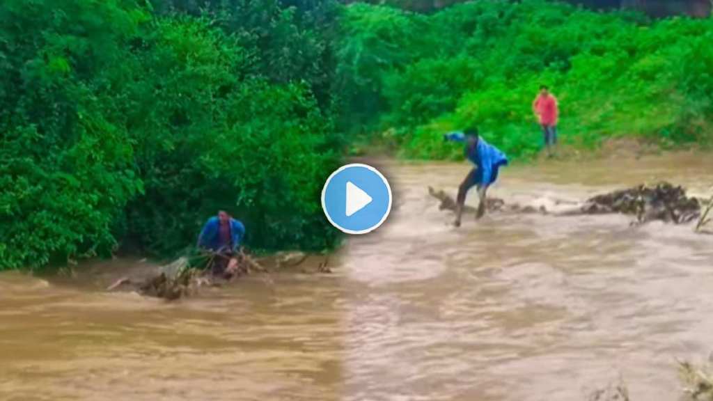 Young man jumped into the flowing stream