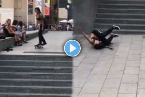 Girl Jumping high from a skateboard