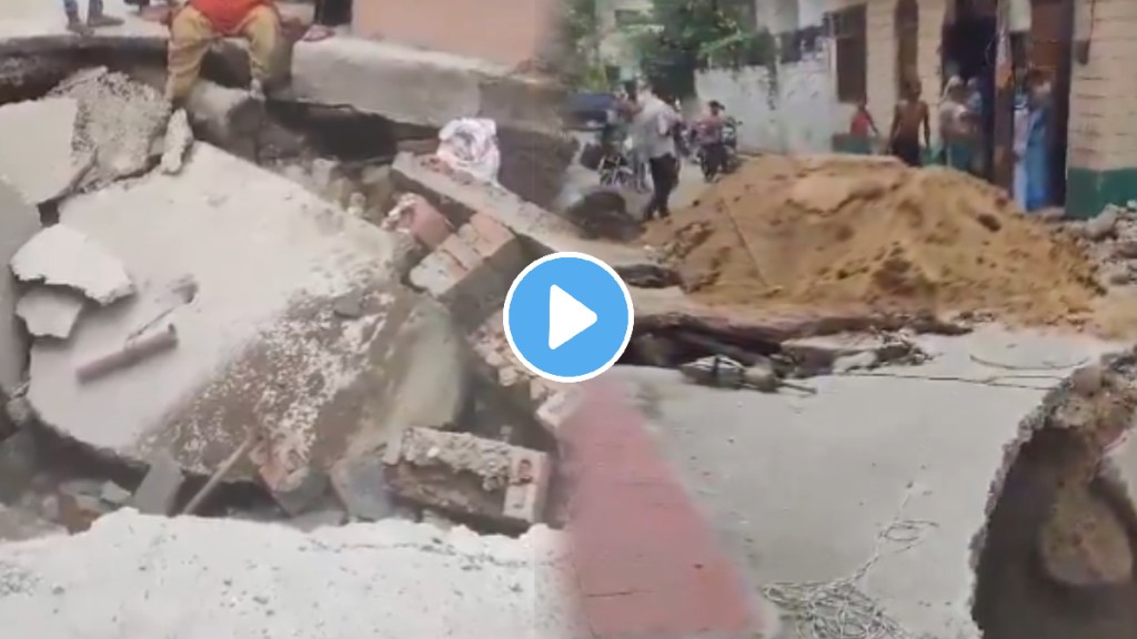 A Road built a year ago caved in 20 feet 6 people including a corporator were injured after falling into a pit