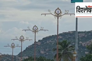 lamp posts with Hindu religious symbols in Koppal, Karnataka