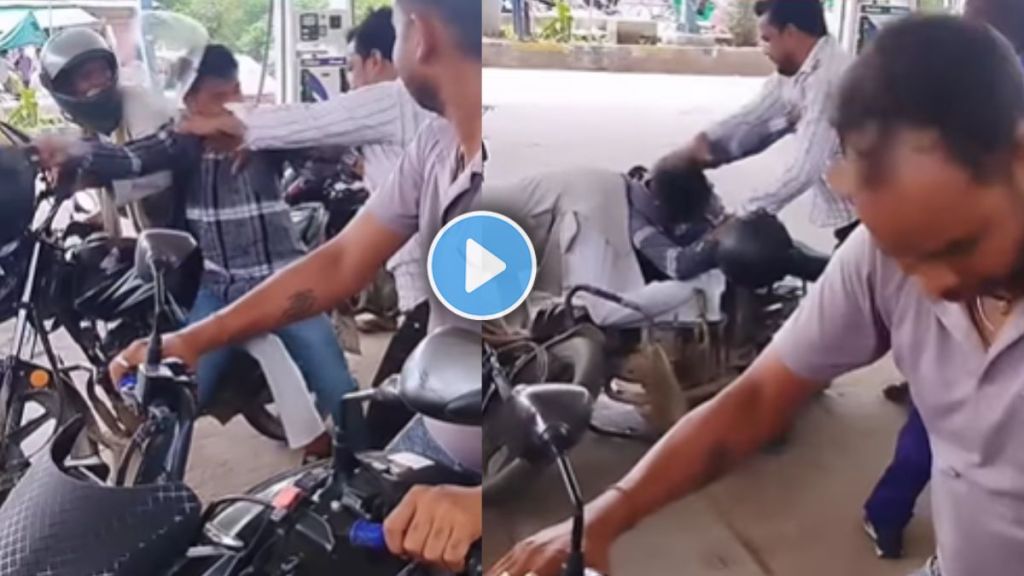 two young guys fight on petrol pump