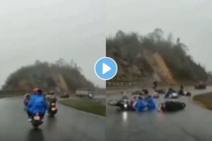 Suddenly the Truck overturned and all the bikes fell down on the road