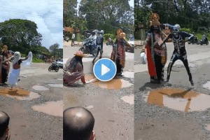 Watch Yamaraja and Chitragupta conduct long jump competition on pothole-filled road in Karnataka