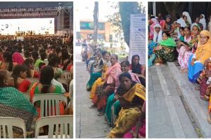 crowd gathered for the Ladaki Bahin Yojana program at Balewadi in Pune By forcefully bringing women scavengers