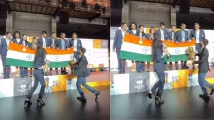 Indian Chess Star D Gukesh Tania Sachdev Recreates Rohit Sharma Famous Walk After Chess Olympiad 2024 Win