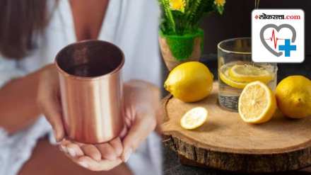 drinking hot lemon water in a copper pot