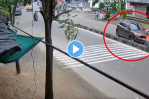 Terrifying Accident VIDEO: Speeding Car Hits And Pins Woman Against Divider While Sweeping Road In Hanamkonda video