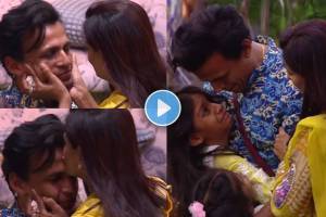 bigg boss marathi abhijeet sawant wife and both daughter visits house during family week task