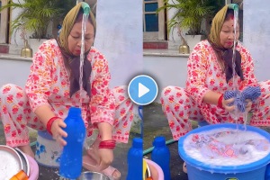 Woman jugaad video of washing utensils and clothes went viral on social media