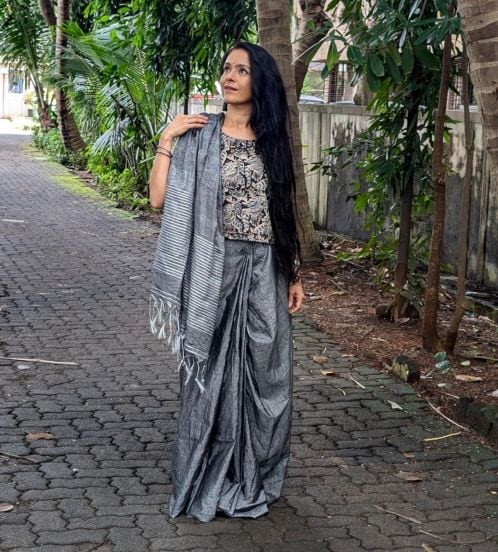 Aishwarya Narkar Grey Saree Look