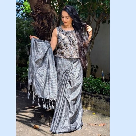 Aishwarya Narkar Grey Saree Look