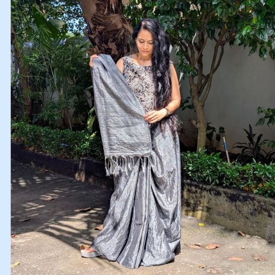 Aishwarya Narkar Grey Saree Look