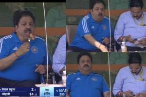 Ind Vs Ban BCCI Vice President Rajeev Shukla Eating Fruit Video Goes Viral on Live TV In Kanpur Test