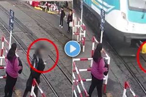 Man distracted by phone narrowly escapes train collision video goes viral