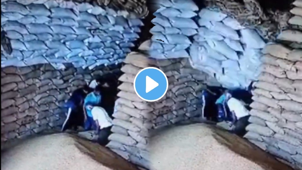 Shocking video Sacks full of grains fall on some workers working in a big warehouse all the shocking incident