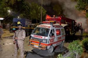 explosion that caused injuries and destroyed vehicles at outside the Karachi airport, Pakistan,