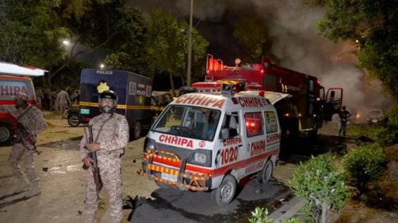 explosion that caused injuries and destroyed vehicles at outside the Karachi airport, Pakistan,