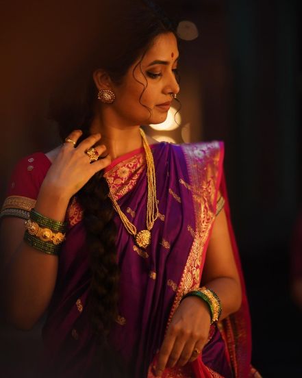 Prajakta Mali Purple Nauvari Saree