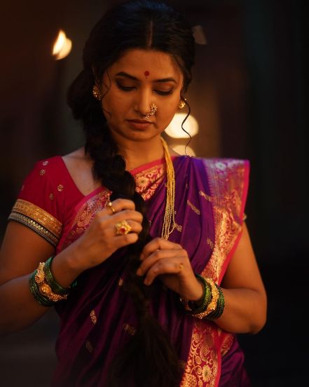 Prajakta Mali Purple Nauvari Saree