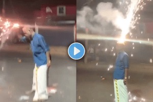 In Diwali Uncle burst fire crackers on his head viral video on social media