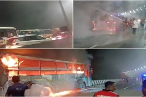 bus fire old Pune-Mumbai highway, bus caught fire,