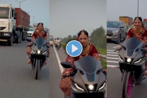 Woman in wedding dress rides sports bike viral video divides social media