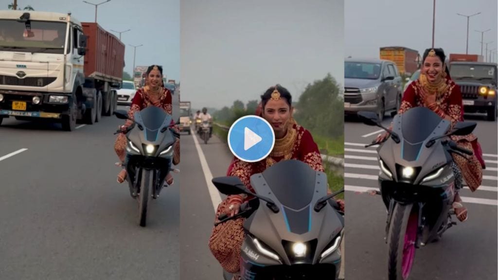 Woman in wedding dress rides sports bike viral video divides social media