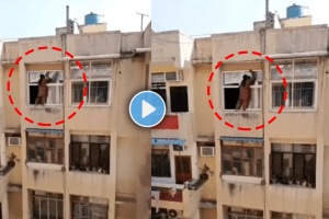 Viral video of woman cleaning window diwali safai from top floor of building