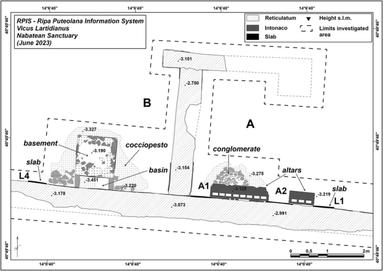 The archaeologists' map of their excavation of the Nabataean temple. (Image credit: Figure by M. Stefanile)