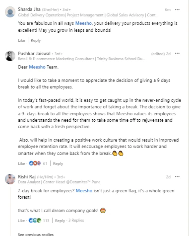 Meesho has announced a nine-day leave for its employees. (Photo: Meesho/LinkedIn)
