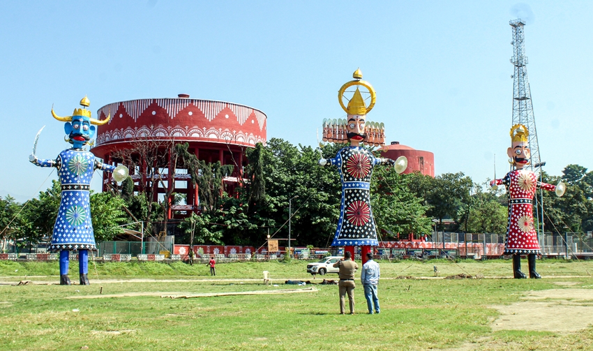 Effigies of Ravana, Kumbhkaran and Meghnath are installed on the eve of the Dussehra festival.