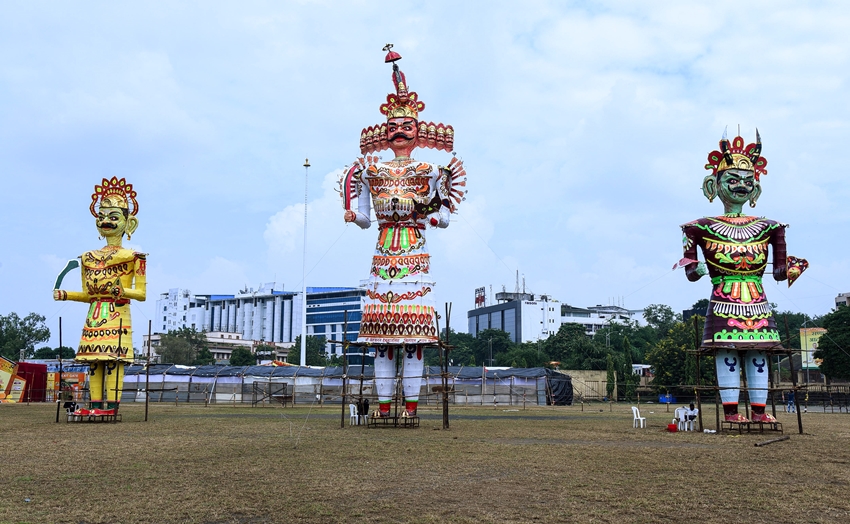 Kumbhkaran and Meghnath are installed on the eve of the Dussehra festival.