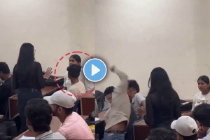 Viral video of girls fighting in a class and a boy angrily hits the bench