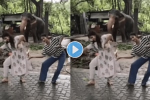 Is this elephant dancing with Bharatanatyam dancers