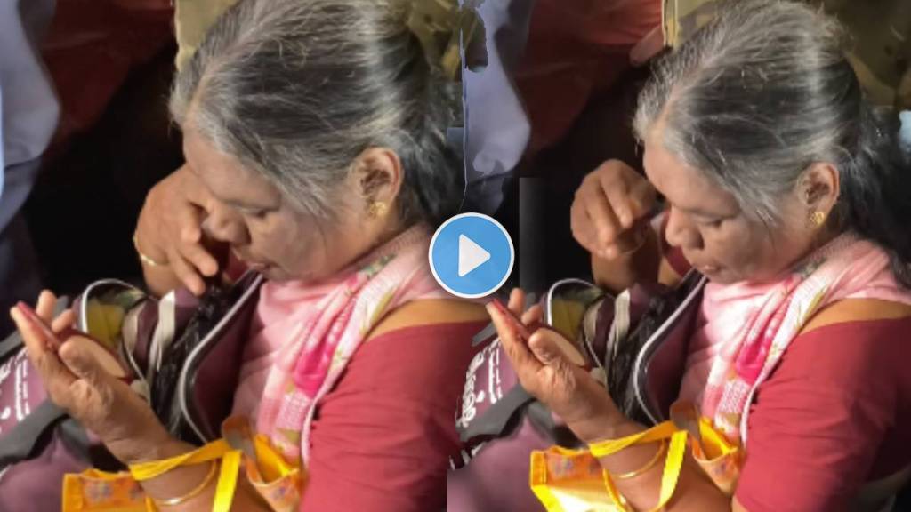 Grandma doing makeup in the crowded train