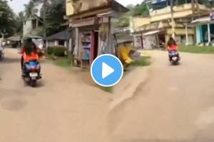 Girl racing up on scooty with a bike fall down badly on scooty shocking funny video goes viral