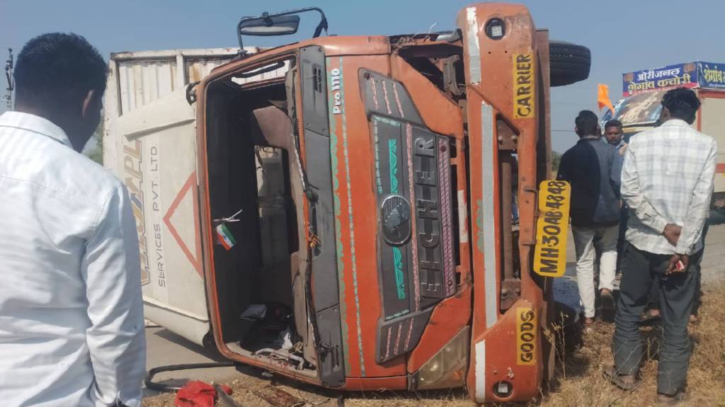 moving goods vehicle overturned due to driver falling asleep and drifted for some distance