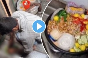 indian railway food video Bhel seller cutting onions on ground near bathroom of train watch this disgusting viral video